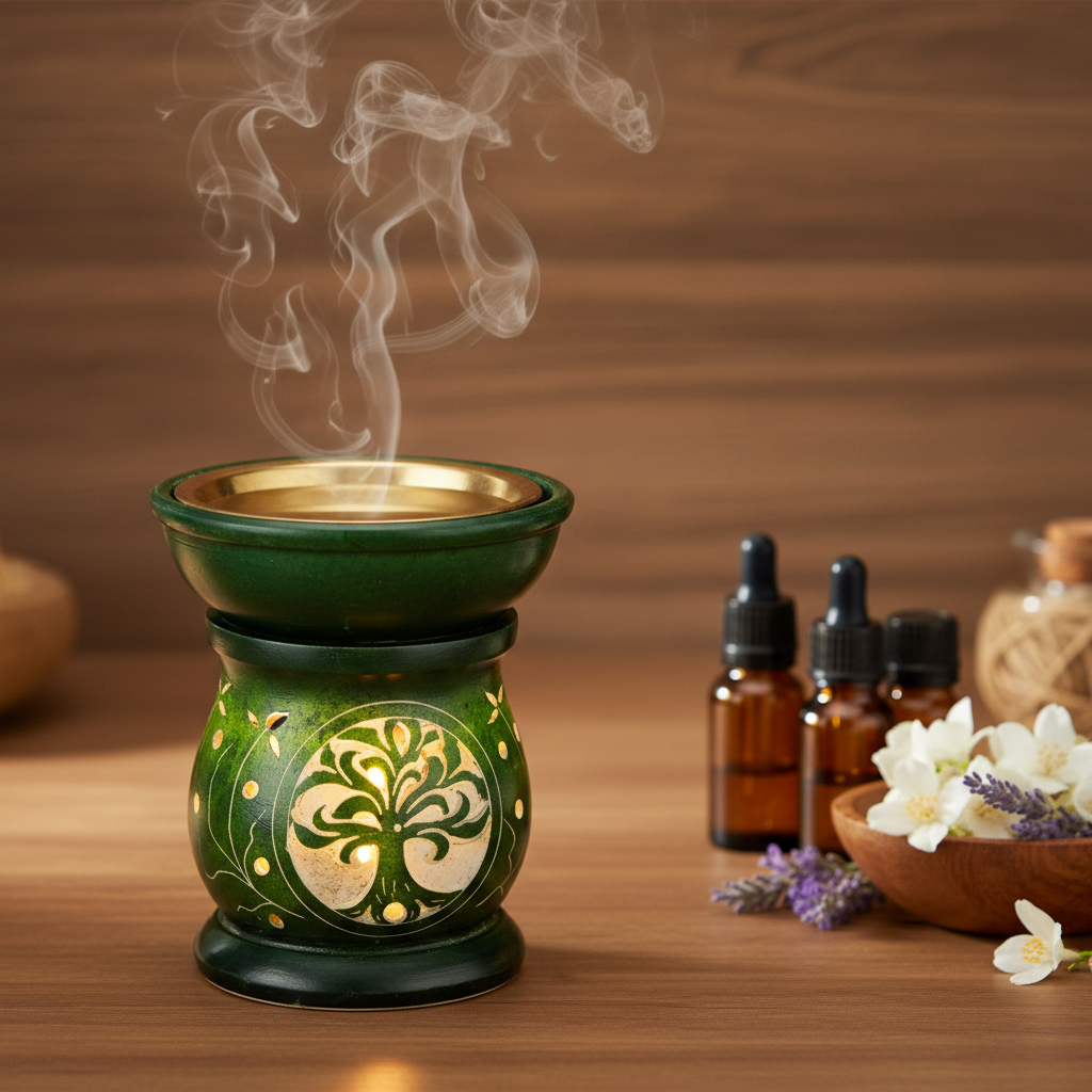 Soapstone Aroma Burner & Oil Diffuser with Brass Bowl – JaipurCraft