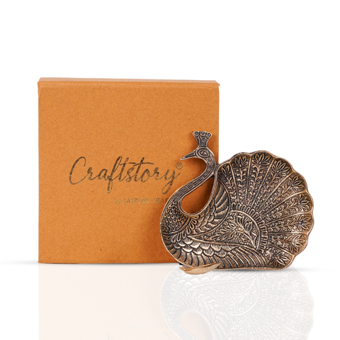 Brass Metal Peacock Shape Handcrafted Serving Tray with Spoon