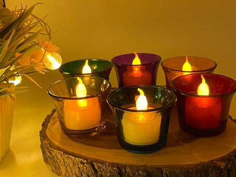 Multi-Color Diwali Glass Votive Candle Holders for Home Décor, Set of 6