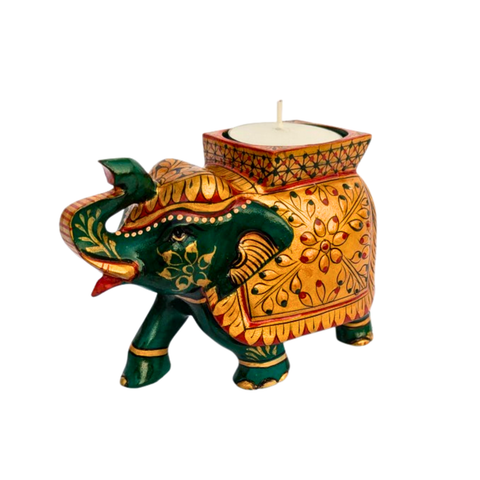 Handcrafted Wooden Elephant Figurine with Tea Light Candle Holder – Premium Rajasthani Embossed Design