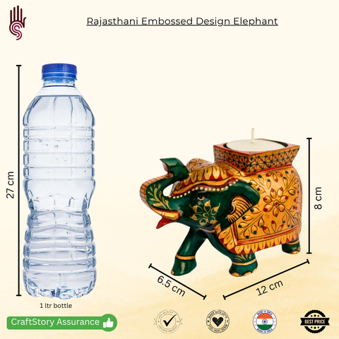 Handcrafted Wooden Elephant Figurine with Tea Light Candle Holder – Premium Rajasthani Embossed Design