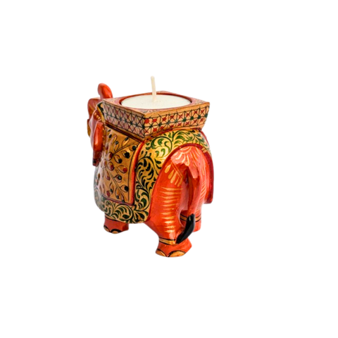 Handcrafted Wooden Elephant Figurine with Tea Light Candle Holder – Premium Rajasthani Embossed Design