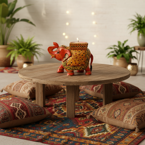 Decorative elephant-shaped candle holder with intricate designs on a white background