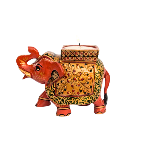 Handcrafted Wooden Elephant Figurine with Tea Light Candle Holder – Premium Rajasthani Embossed Design