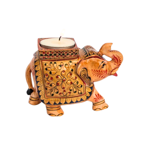 Handcrafted Wooden Elephant Figurine with Tea Light Candle Holder – Premium Rajasthani Embossed Design