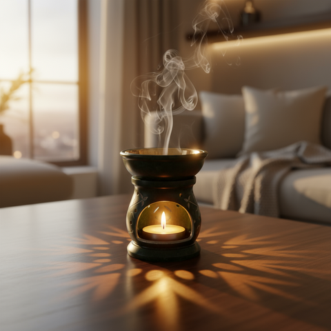 Green and gold oil burner on a white background