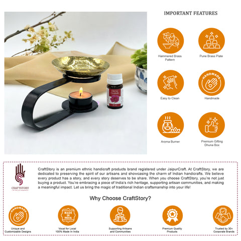 Handcrafted Iron And Hammered Brass Oil Burner, Aromatherapy Burner, Incense Holder, Tea Light Holder