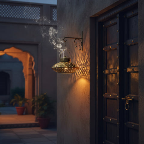 Decorative brass wall light fixture with intricate design on a white background