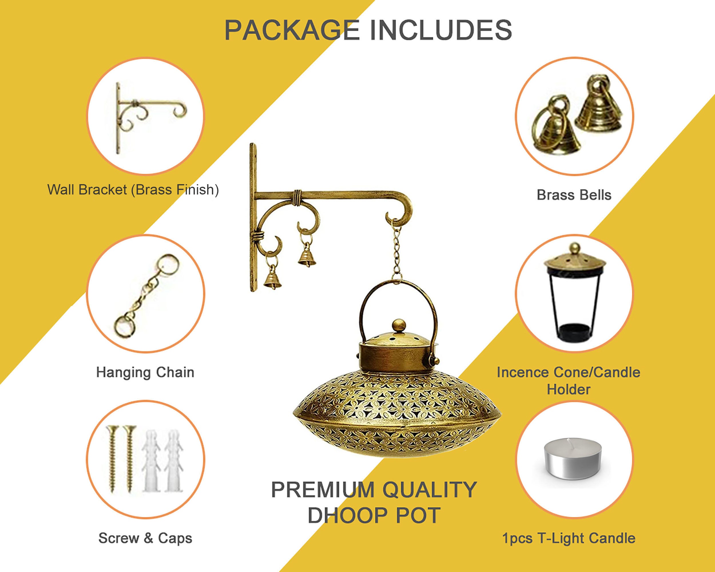 Degchi Dhoop Pot Set with Wall Hanger | Antique Brass Finish Incense ...