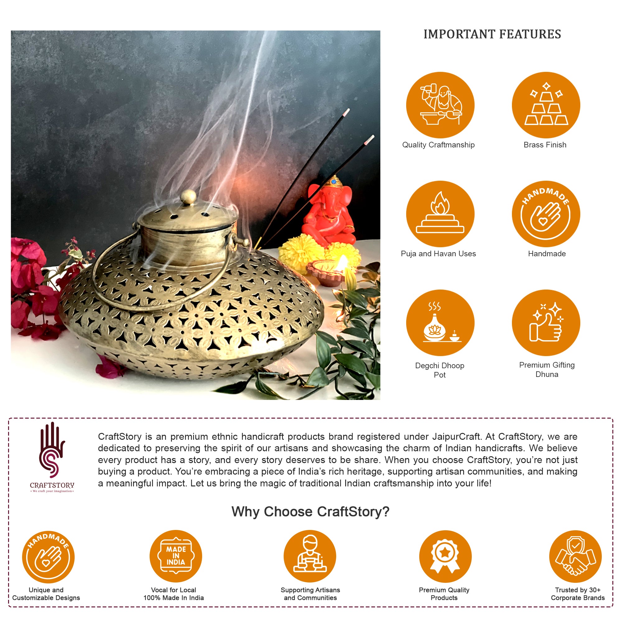 Degchi Dhoop Pot Set with Wall Hanger | Antique Brass Finish Incense ...