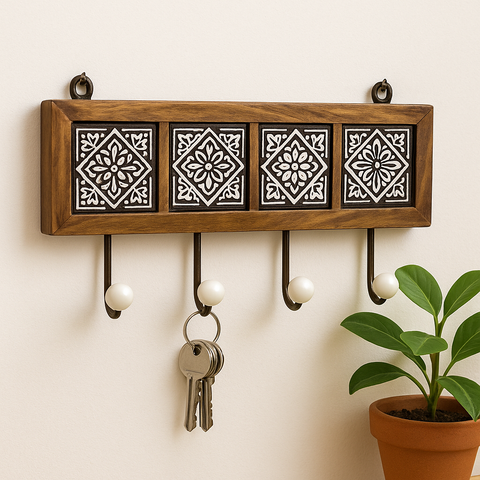 Hand Block Wooden 4-Hook Key Holder with Ceramic Knobs