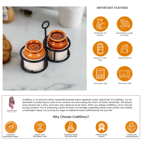 Traditional Burni Style Mini Ceramic Salt & Pepper Shaker Set with Wrought Iron Holder