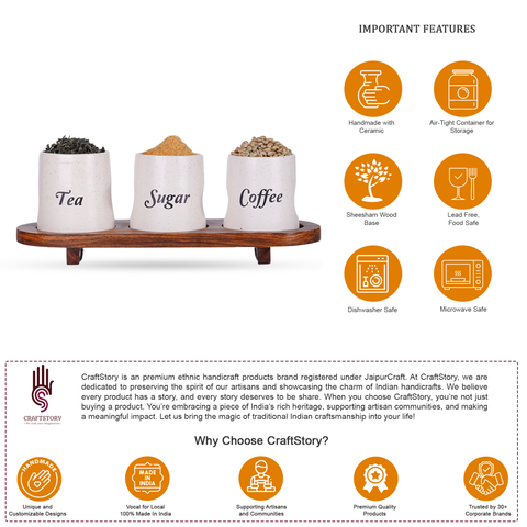 Ceramic Jars with Wooden Plate – Tea, Sugar & Coffee Storage Set (Airtight, Set of 3, 400 ML)