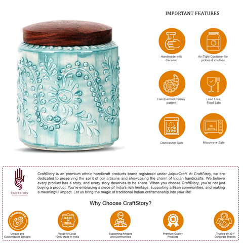 Ceramic Hand-Embossed Turquoise Kitchen Utility Jar – 500ml Airtight Storage Container (Single)
