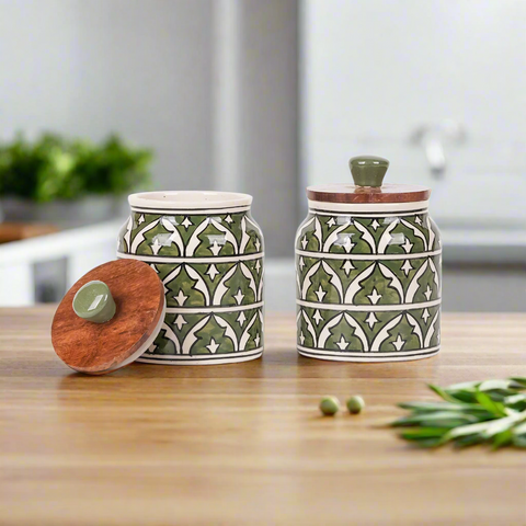 Ceramic jar with wooden lid and ceramic knob
