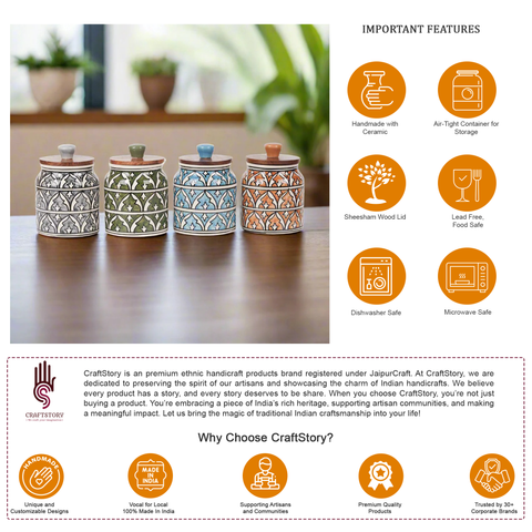 Handcrafted Ceramic Utility Jar | Jaipur Jali Pattern | Airtight Wooden Lid (500ml)