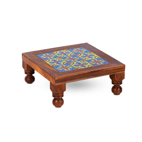 Sheesham Wood Chowki with Colorful Ceramic Tiles – Pooja Stand/Table