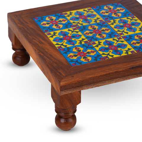Traditional Wooden Puja Chowki with Artistic Ceramic Tile Work