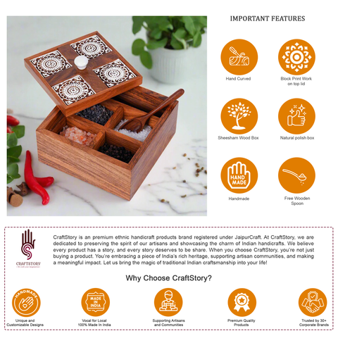 Pure Sheesham Wood Hand Block Style Multiutility Box with Ceramic Knob