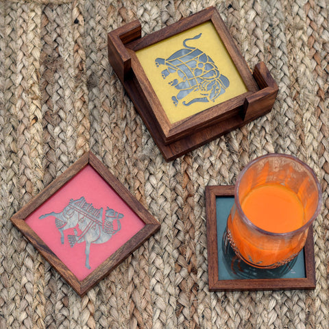 Premium Handmade Wooden Tea Coasters with Glass Top and Animal Stencils (Set of 4)
