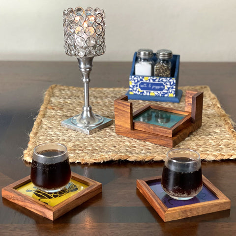 Premium Handmade Wooden Tea Coasters with Glass Top and Animal Stencils (Set of 4)