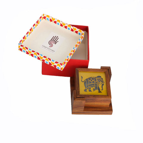 Premium Handmade Wooden Tea Coasters with Glass Top and Animal Stencils (Set of 4)