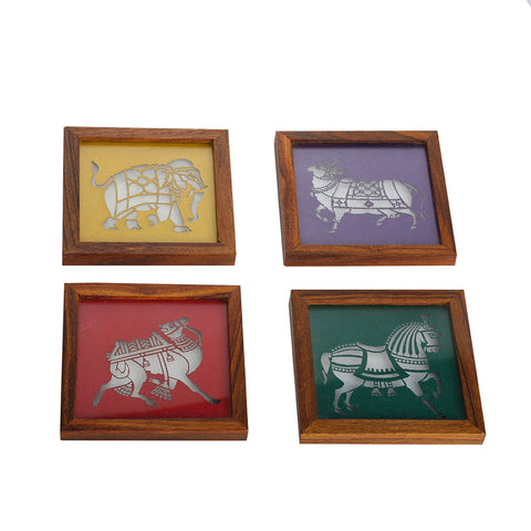Premium Handmade Wooden Tea Coasters with Glass Top and Animal Stencils (Set of 4)