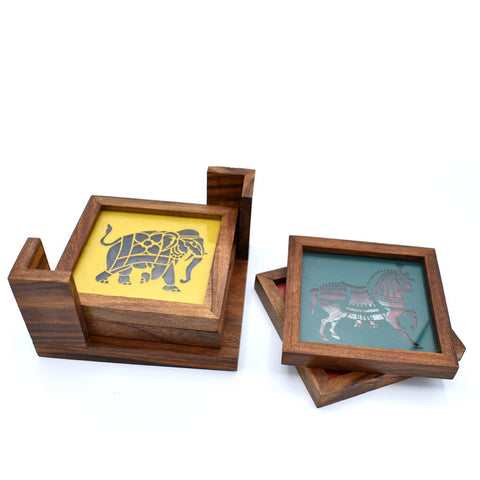 Premium Handmade Wooden Tea Coasters with Glass Top and Animal Stencils (Set of 4)