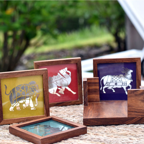 Premium Handmade Wooden Tea Coasters with Glass Top and Animal Stencils (Set of 4)
