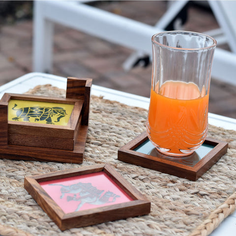 Premium Handmade Wooden Tea Coasters with Glass Top and Animal Stencils (Set of 4)