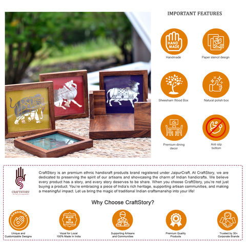 Premium Handmade Wooden Tea Coasters with Glass Top and Animal Stencils (Set of 4)