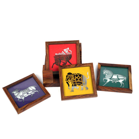 Premium Handmade Wooden Tea Coasters with Glass Top and Animal Stencils (Set of 4)