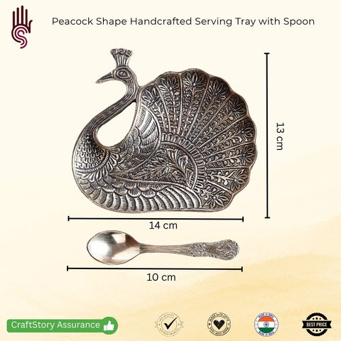 Brass Metal Peacock Shape Handcrafted Serving Tray with Spoon