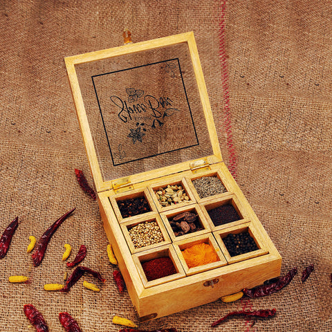 wooden masala dabba with glass lid