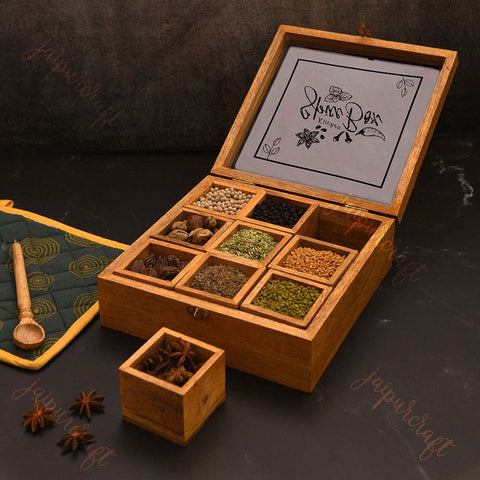 sheesham wood spice box with 9 containers