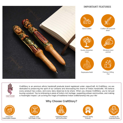 Superbly hand crafted and miniature hand painted Rajasthani couple figure ball pen set