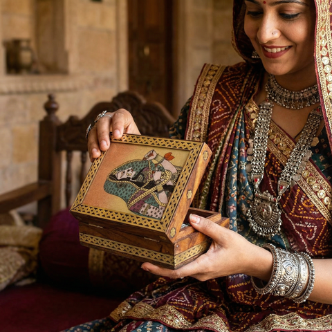 handcrafted wooden jewelry box with gemstone art