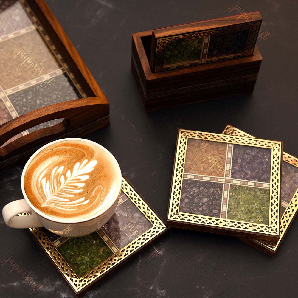 Gemstone Painting Wooden Tea Coasters Set | Handmade Coasters with Hol ...