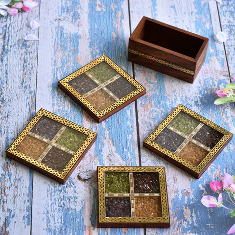 Real Semi-Precious Crushed Gemstone Wooden Tea Coaster (Set of 4)