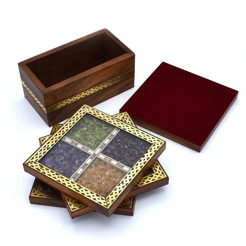 Real Semi-Precious Crushed Gemstone Wooden Tea Coaster (Set of 4)