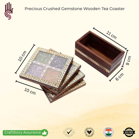 Real Semi-Precious Crushed Gemstone Wooden Tea Coaster (Set of 4)