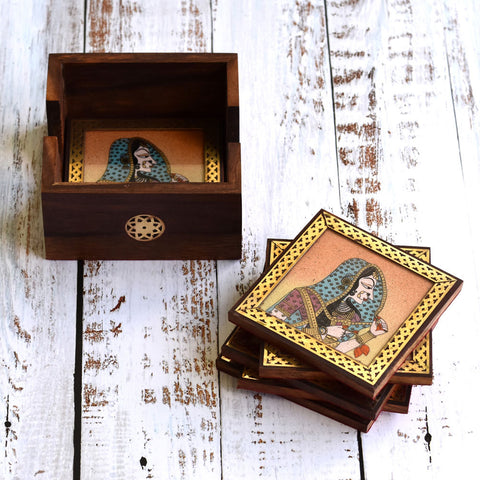 Bani Thani Theme Glass Gemstone Painting Studded Wooden Tea Coaster (Set of 6) – Premium Decorative Tableware