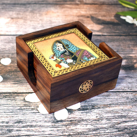 Bani Thani Theme Glass Gemstone Painting Studded Wooden Tea Coaster (Set of 6) – Premium Decorative Tableware