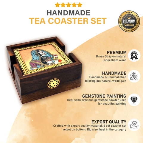 Bani Thani Theme Glass Gemstone Painting Studded Wooden Tea Coaster (Set of 6) – Premium Decorative Tableware