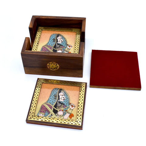 Bani Thani Theme Glass Gemstone Painting Studded Wooden Tea Coaster (Set of 6) – Premium Decorative Tableware