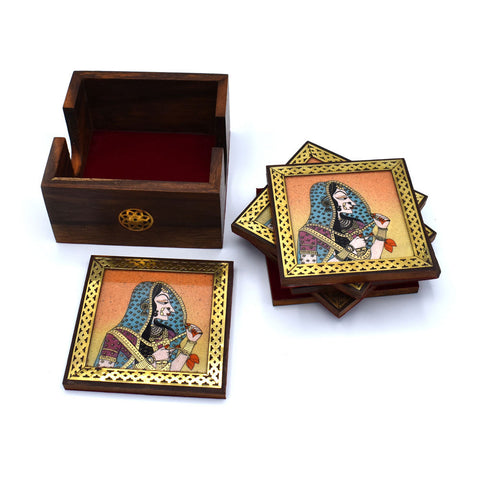 Bani Thani Theme Glass Gemstone Painting Studded Wooden Tea Coaster (Set of 6) – Premium Decorative Tableware