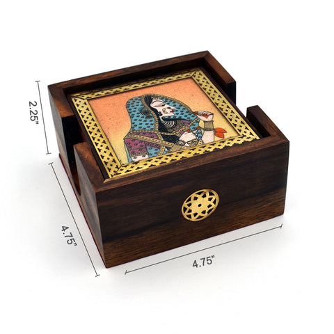 Bani Thani Theme Glass Gemstone Painting Studded Wooden Tea Coaster (Set of 6) – Premium Decorative Tableware