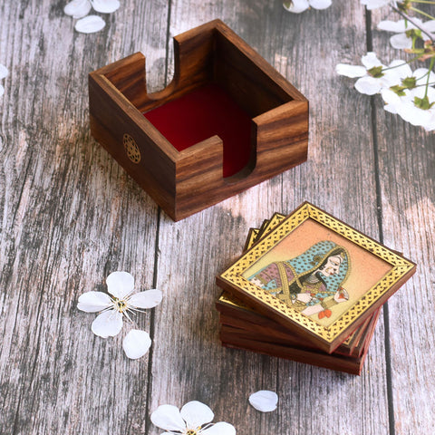 Bani Thani Theme Glass Gemstone Painting Studded Wooden Tea Coaster (Set of 6) – Premium Decorative Tableware