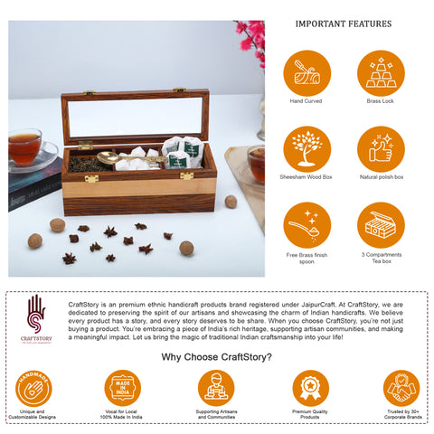 Elegant Wooden Tea Box with Glass Top and Three Compartments, Includes Brass Finish Spoon – Perfect Storage for Your Favorite Teas/ Coffee bags