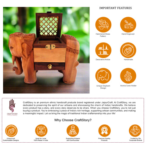 Elephant Statue Wooden Incense Cone Holder, Indian Elephant Dhuna Box, Prayer Lamp